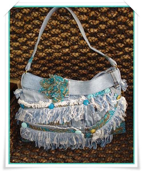Denim Handbag with Fringes and decorative Belt - Large