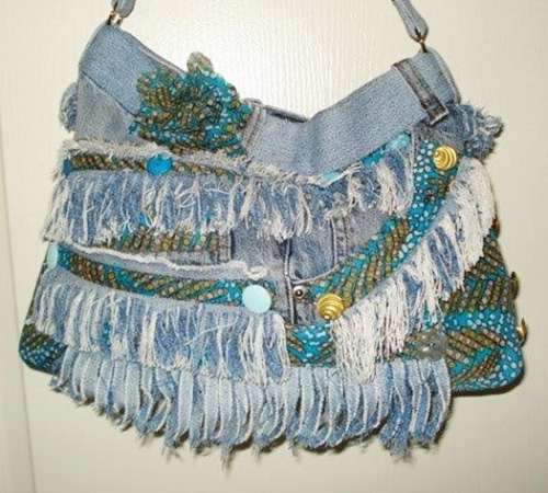 Denim Handbag with Fringes and decorative Belt - Large