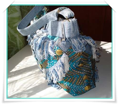 Denim Handbag with Fringes and decorative Belt - Large