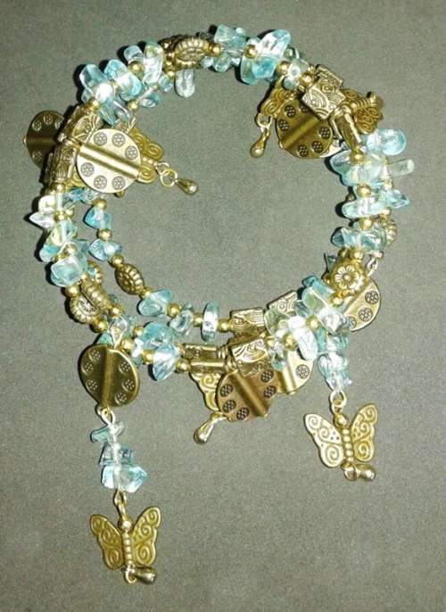 Wrap Bracelet with Anitique Charms and Aquamarine Glass Chips