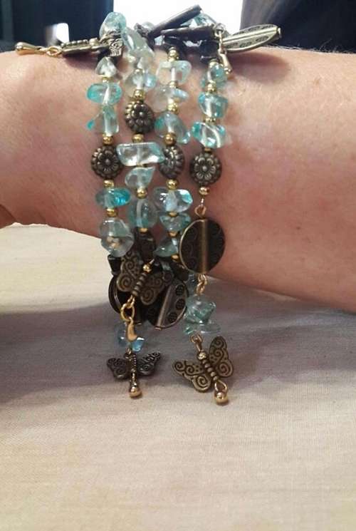 Wrap Bracelet with Anitique Charms and Aquamarine Glass Chips