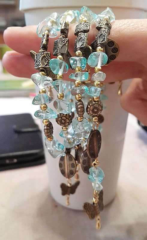 Wrap Bracelet with Anitique Charms and Aquamarine Glass Chips