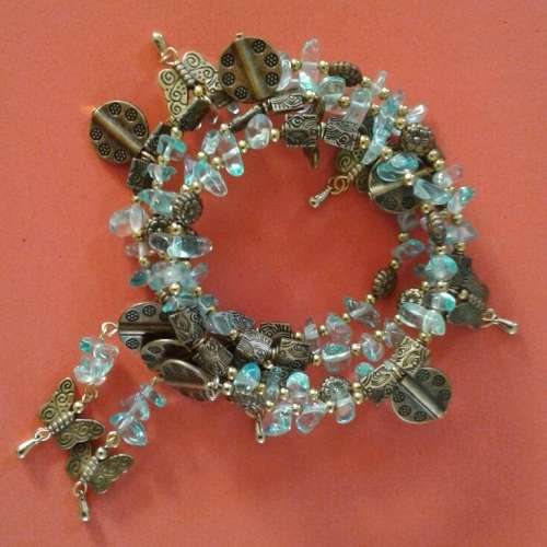 Wrap Bracelet with Anitique Charms and Aquamarine Glass Chips
