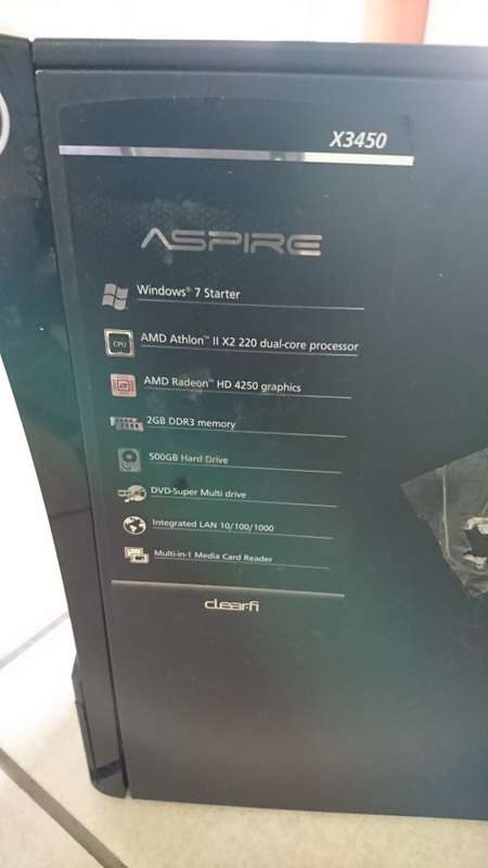 ACER ASPIRE, X3450, AMD ATHLONE II X2 220 DUAL CORE,2GB,500GB,RADEON HD 4520 GRAPHICS- PLEASE READ