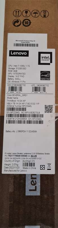 BRAND NEW OPEN BOX- LENOVO THINKBOOK 14 G4, CORE i7 12th GEN, 8GB, 512GB SSD, 14` FHD, WINDOW 11 PR0