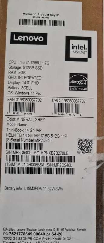 BRAND NEW OPEN BOX- LENOVO THINKBOOK 14 G4, CORE i7 12th GEN, 8GB, 512GB SSD, 14` FHD, WINDOW 11 PR0