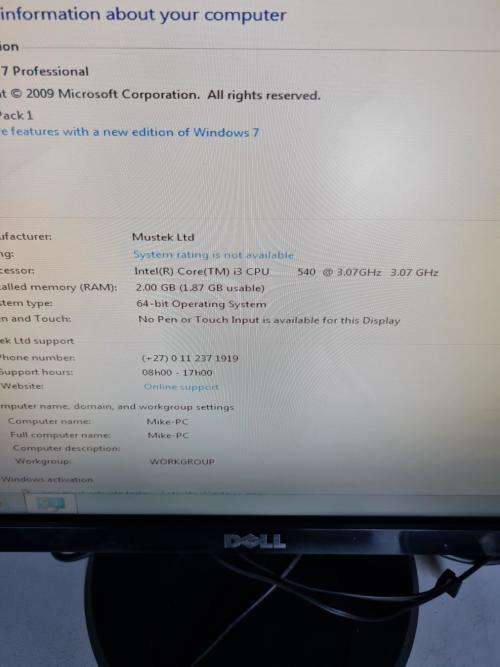 DESKTOP COMPUTER AND SCREEN - CORE i3 540, 2GB MEMORY, 500GB HARD DRIVE, 19 INCH DELL LCD SCREEN