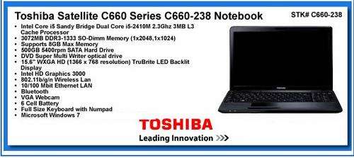 BRAND NEW SEALED TOSHIBA LAPTOP, CORE i5-2410M, 3GB, 500GB, DVD WRITER, WEBCAM, WINDOWS 7 64 BIT