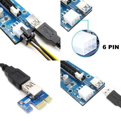 6 PACK v006c PCIe PCI-E PCI Express Powered Riser Adapter Card, BONUS FREE Power Switch