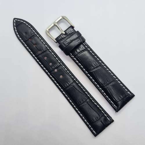 22mm Leather Watch Strap Black (White Stitches)
