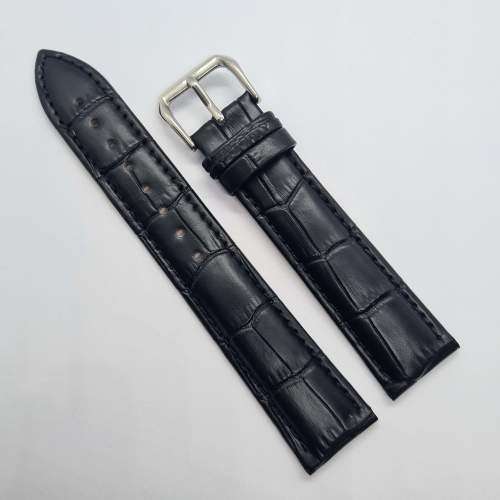 22mm Leather Watch Strap Black (Black Stitches)