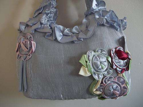 Latest colorful soft fabric handbag, with stunning rose detail in SILVER GREY BLU. Simply Gorgeous!!