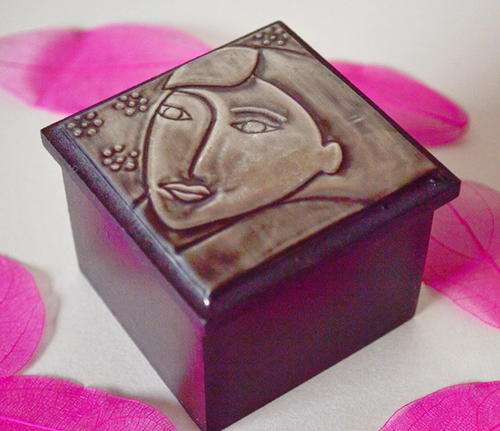 Small square wooden box with Pewter Art Face