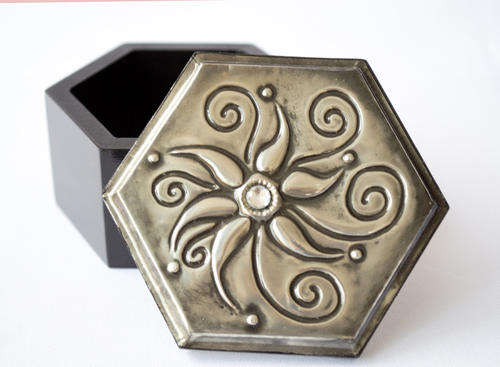 Small Wooden Hexagon Box with Pewter Art Lid