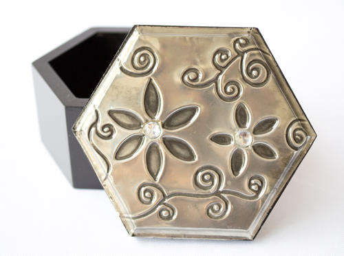 Small Wooden Hexagon Box with Pewter Art Lid
