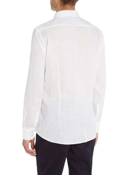Hugo Boss (Orange Label): White Button-Up Linen Long Sleeved Shirt