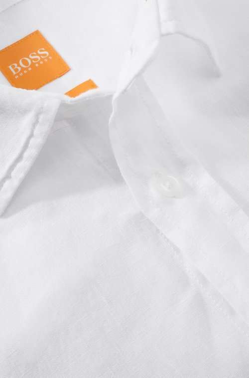 Hugo Boss (Orange Label): White Button-Up Linen Long Sleeved Shirt