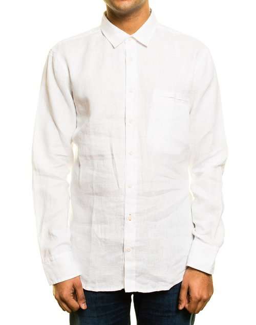 Hugo Boss (Orange Label): White Button-Up Linen Long Sleeved Shirt