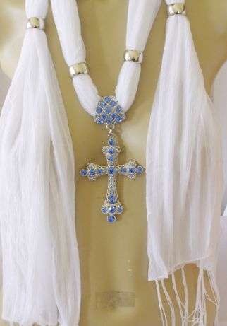 STUNNING  WHITE SCARF WITH BLUE CROSS