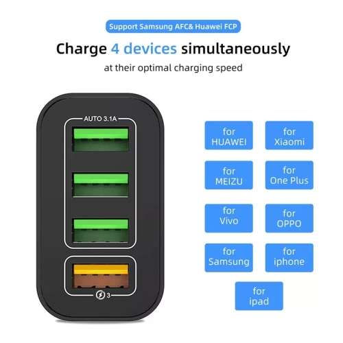 Quick Charge 3.0 4 Port USB Fast Charger For Samsung A50 A30 S10 iPhone 7 8 11 Huawei P20