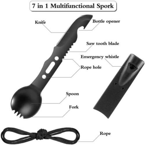 Portable Outdoor Tableware Camping Cutlery Fork Spoon Knife Bottle Opener Whistle