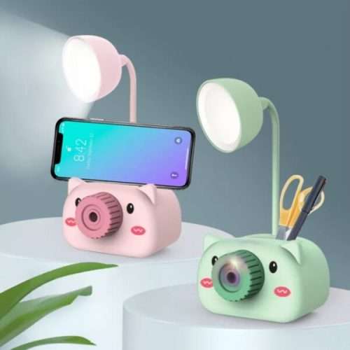 LED USB Rechargeable Table Desk Lamp Cartoon Pen Holder Pencil Sharpener Flexible Neck Phone Stand