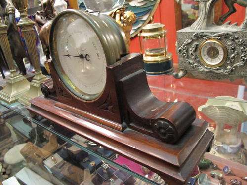 VINTAGE BRASS STANDING BAROMETER ON MAHOGANY BASE