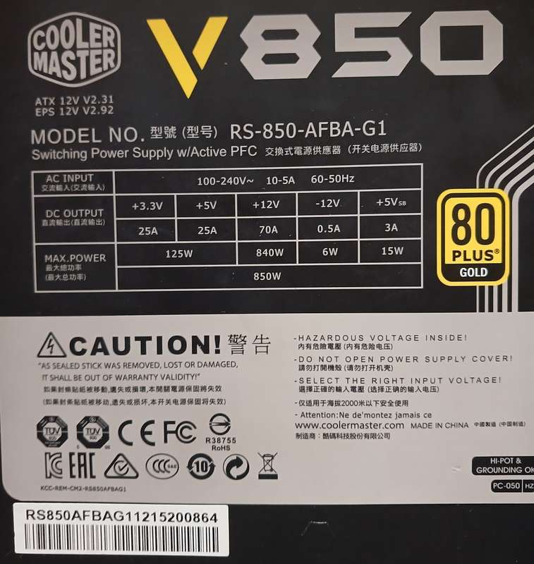 Cooler Master Switching Power Supply V850 80+Gold (Please Read - Spares/Restoration)