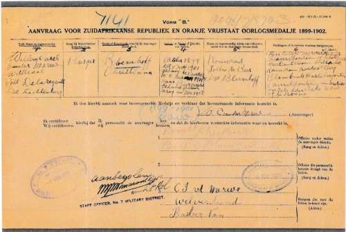 ABO Medal to Burg. Willem Carel V/D MERWE - Bloemhof Commando
