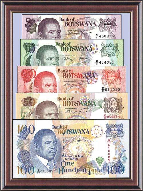 Banknotes A-Z  Botswana Older set of 5 notes 5-100 Pula. Unc