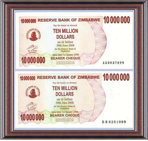 Notaphily 8: Zimbabwe (Set 11): Second issue bearer cheques Z$10 000 000  G&D printed -Unc