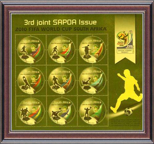Philately 8:  World cup soccer. SAPOA B5.b 2010 Sheet of 9 SA stamps