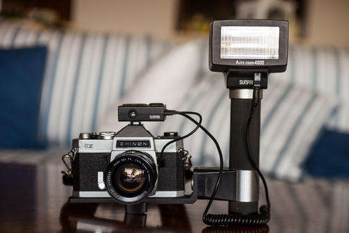 Chinon CX with Asahi 24mm 3.5 lens + Asahi 200mm f4 + Sunpak Flash Bracket
