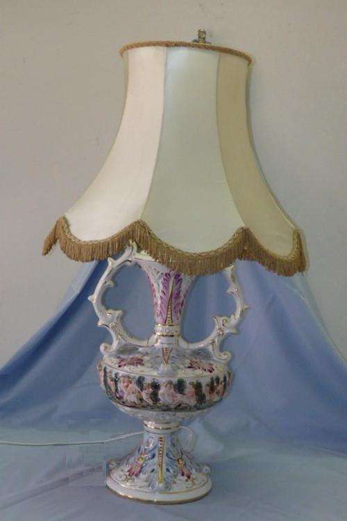 A spectacular and rare tall vintage hand painted Italian stamped Capodimonte porcelain table lamp