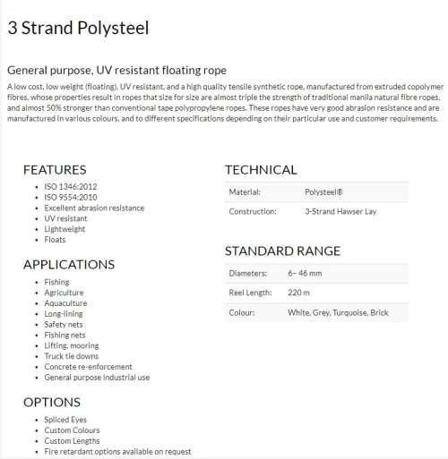 *** BID PER METER / 50m BUNDLES *** 3 STRANDED POLYSTEEL ROPE ~ 6.25mm DIAMETER ***