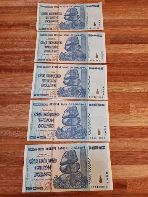 Set of 5 x 100 Trillion Zimbabwe Dollar Notes AA Series