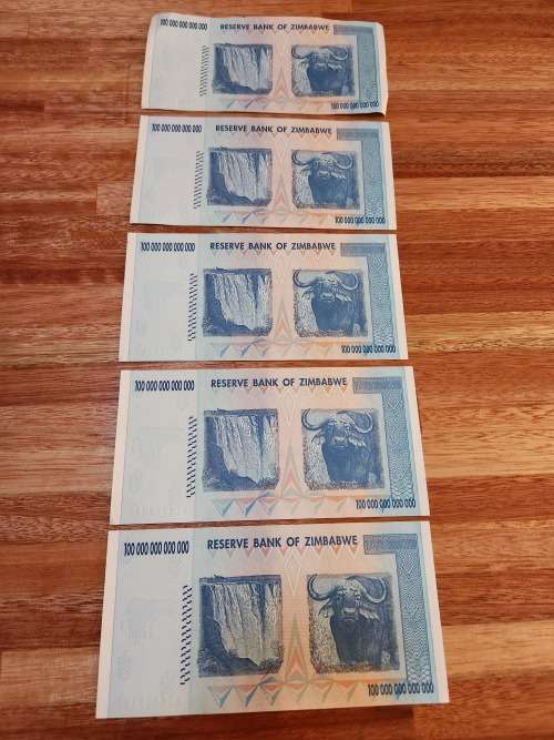 Set of 5 x 100 Trillion Zimbabwe Dollar Notes AA Series