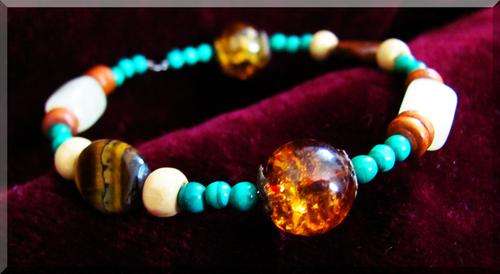 BEAUTIFUL MALACHITE, TIGER'S EYE, CITRINE, WOOD & GLASS BRACELET