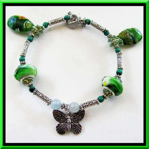 BEAUTIFUL!! CHARM BRACELET WITH MURANO GLASS, TIBETAN SILVER, MALACHITE AND AQUAMARINE