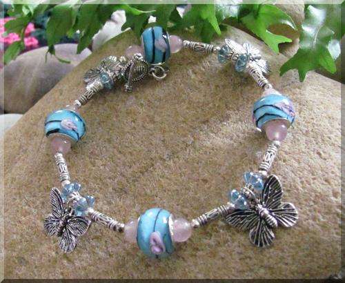 BEAUTIFUL BUTTERFLIES!! TIBETAN SILVER & EURO BEADS WITH .925 STAMPED SILVER CORE CHARM BRACELET
