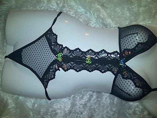 Beautiful Black teddy with shiny green butterflies!