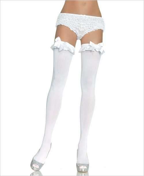Opaque white ruffle and bow thigh highs (satin ribbon egde)
