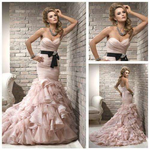 FREE SHIPPING -Pink Organza Black Ribbon Unique Sexy Mermaid Wedding Dresse - US Size 2 to 24W