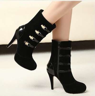 Elegant Metal Belt Buckle Suede High-heeled Ankle Boots