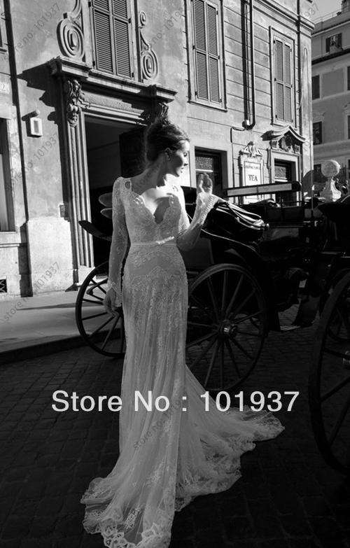 V-Neck Empire Lace Wedding Gowns Court Train Ivory Long Sleeve Wedding Dresses 2013