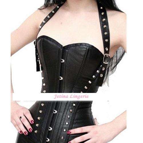 Free Shipping - Sexy Halterneck Corset and G-string Set - Black