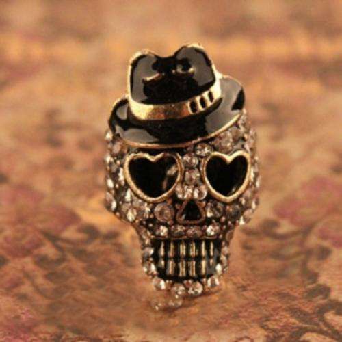 Fashion Rhinestone Skull Head Shape Ring Finger Ring-Black