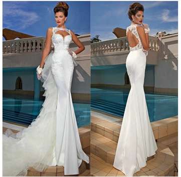 Free shipping - White Satin and Lace Sleeveless Bridal Wedding Dress Mermaid With Removable Train