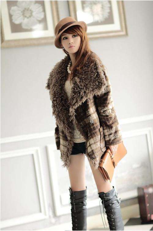 5 ON AUCTION - Women's Simple Brown Turn-down Collar Geometric Woolen Coat - - *DOOR DELIVERY R150*