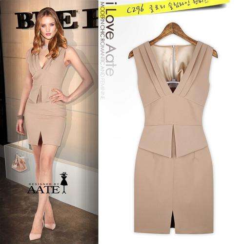 Women's Lovely Khaki V-Neck Solid Above Knee Sleeveless Bodycon Dress - 176002 - *DOOR DELIVERY R45*